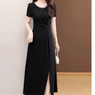 P023 夏季新款气质时尚重工显瘦镶钻开叉连衣裙