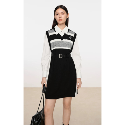 Z180 春季新款假两件针织连衣裙2025长袖衬衫裙