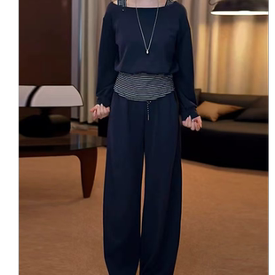 两件套套裤 8522 休闲条纹拼接斜肩露肩卫衣阔腿裤 韩版 新款