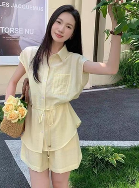 B126 夏季新款韩版宽松百搭腰带衬衣阔腿短裤两件套套裤