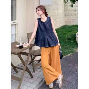 时尚 韩版 宽松无袖 牛仔背心 两件套 B099 高腰阔腿裤 夏新款