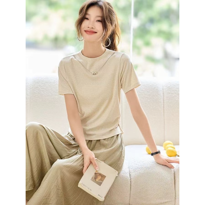 T181 夏款气质洋气减龄收腰显瘦T恤阔腿裤两件套套装JR