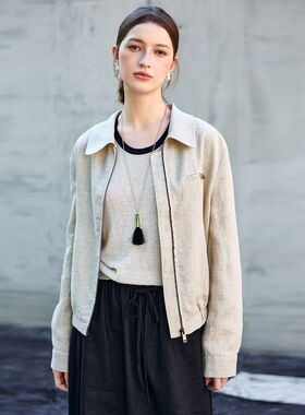 老钱风亚麻外套短款女春季天丝棉麻翻领夹克休闲极简高级通勤开衫
