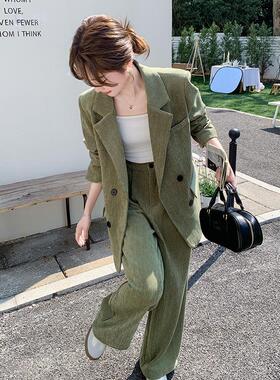 实拍气质休闲通勤绿色西装阔腿裤套装女春秋两件套ootd穿搭松弛感