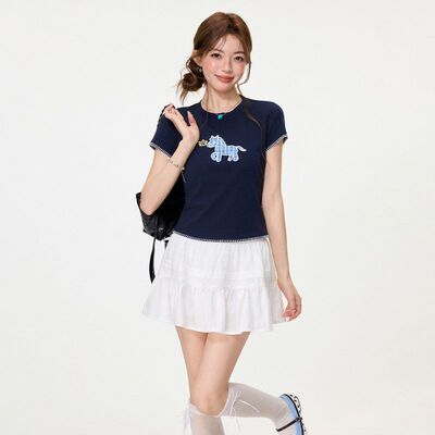 设计感小众撞色小马刺绣短袖T恤女2026夏高级感圆领正肩短款上衣