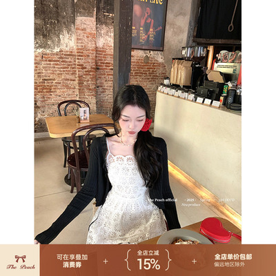 thepeachofficial【松露黑糖】黑色木耳边绑带羊毛针织开衫上衣女