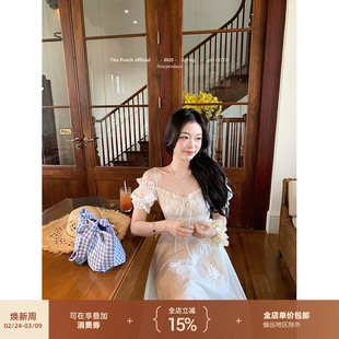 thepeachofficial复古蕾丝收腰白色泡泡袖吊带连衣裙女春长款裙子