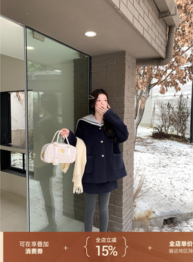 thepeachofficial【柏林学院套装】海军领短款藏蓝色夹棉大衣女冬