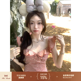 thepeachofficial【红白舞会】轻法式复古格子收腰连衣裙女鱼尾裙