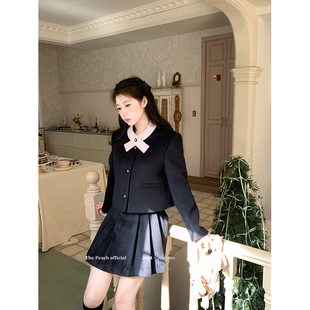 小香风拼色羊毛呢外套百褶裙套装 thepeachofficial Kyoto千金