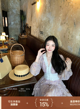 thepeachofficial【费尼兹花园】法式紫色蕾丝碎花长袖连衣裙女春