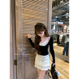 thepeachofficial【甜心挚爱】设计感花边高腰羊毛A字针织裙短裙