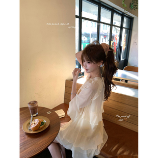 thepeachofficial【纱裙小精灵】法式系带蝴蝶结荷叶边雪纺连衣裙