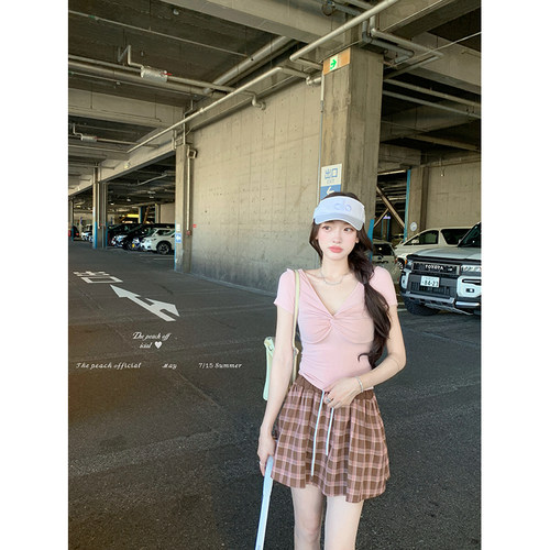 芭蕾风V领扭结修身上衣半身裙套