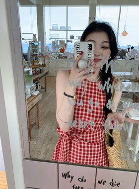 thepeachofficial 伯爵红茶 红格子无袖连衣裙女夏绝美海边背心裙