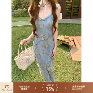 thepeachofficial【海雾铃兰】蓝色古典V领系带碎花吊带连衣裙春