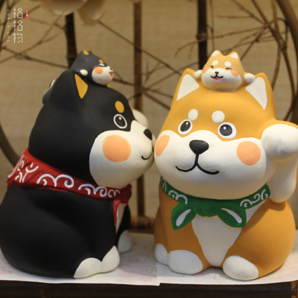 日本京都龙虎作陶土柴犬狗店铺开业前台招财存钱罐 礼品装饰摆件