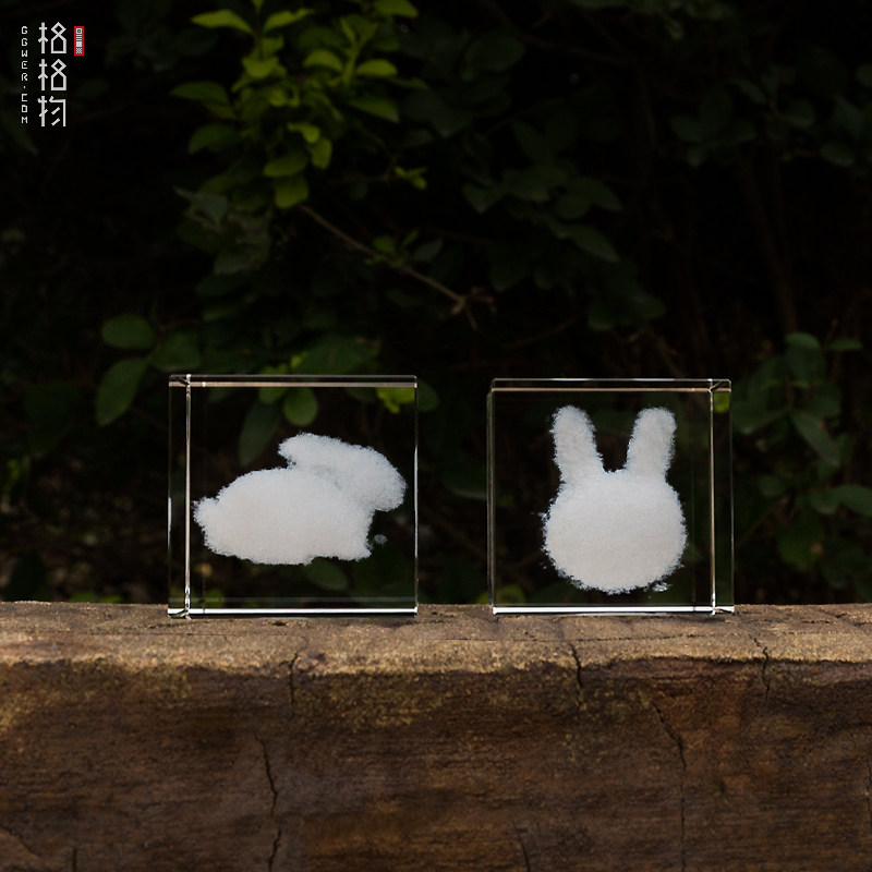 格格物商店玉兔萌兔水晶立方体工艺品可爱摆件 小众精致创意礼品