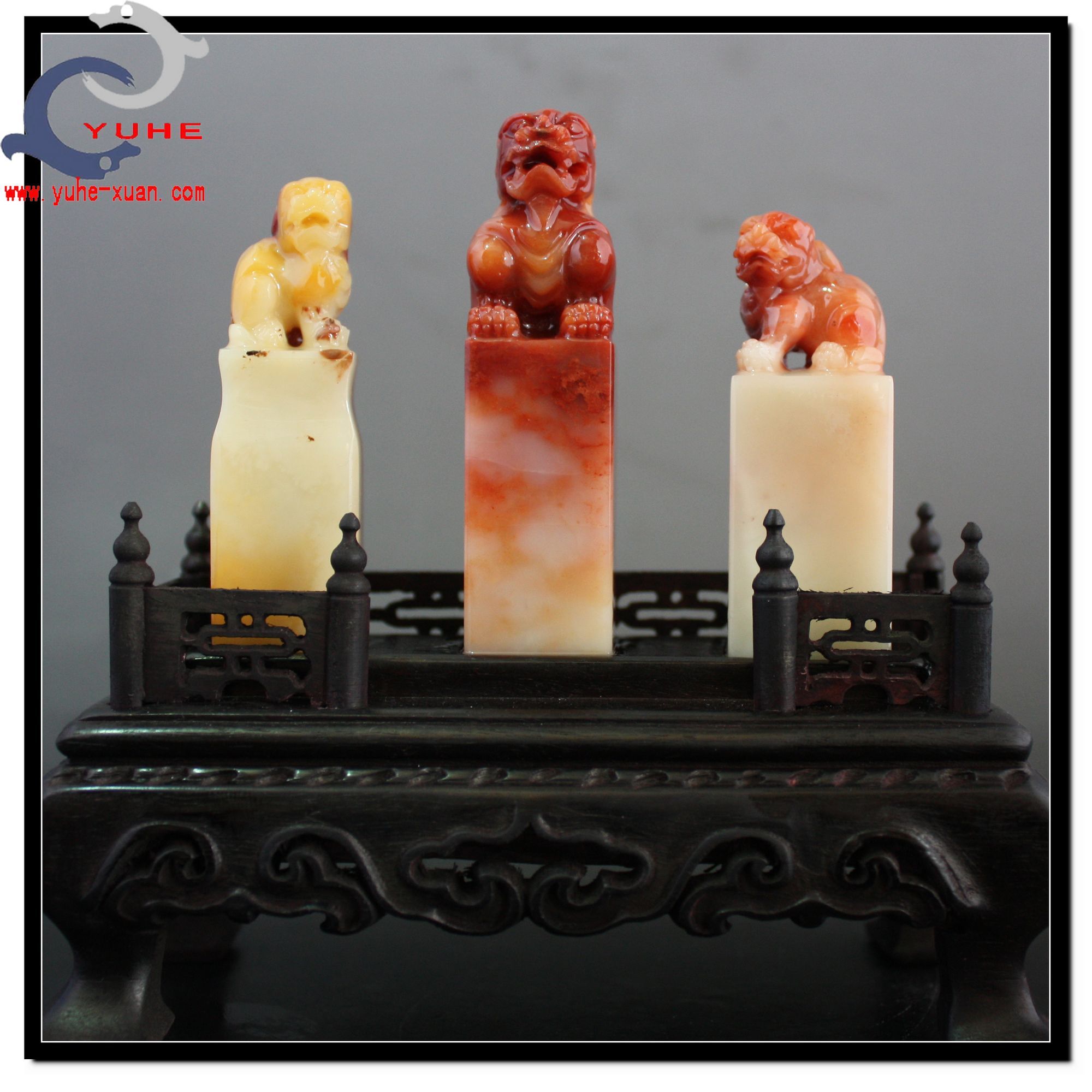 寿山石印章 国石真品 芙蓉冻石 精品气派狮子套章【裕和轩】C8