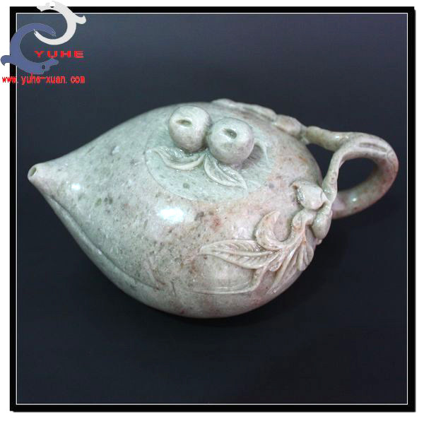 茶壶寿山石刻字 真品 老岭石 精美寿桃茶壶摆件【裕和轩】A57-13