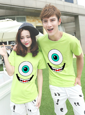 夏装网红单眼怪兽T恤演出服情侣装2021年绿色大眼睛怪物短袖衣服