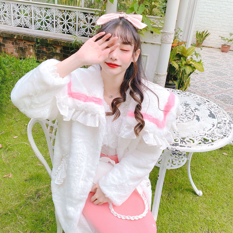 海军领学院风毛绒外套女日系可爱少女萌系甜美风仿皮草秋冬大衣