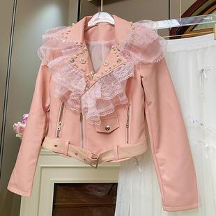 修身 甜美蕾丝拼接短款 收腰显瘦百搭皮衣机车外套女 新款 2025春季