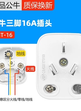 公牛大功率插头16A三角脚插4000W空调插头热水器新能源插头T-16S