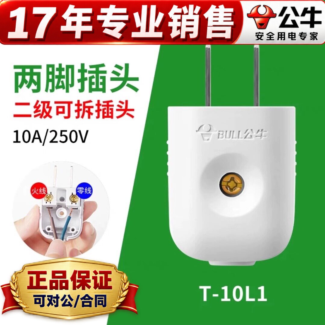 多只装公牛10A插头电线二头两脚接线两孔两角项电源2极GNT-10L1S