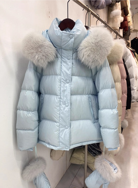 露思同款羽绒服女2025秋冬新款狐狸毛领手套设计感90白鸭绒抽绳