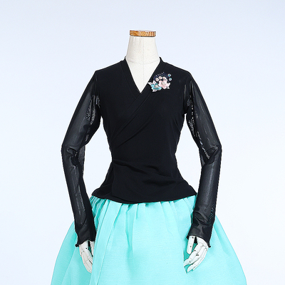 朝鲜族舞蹈练习腰裙练功服黑色网纱上衣紫薇纱裙子U24298