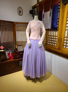 朝鲜族舞蹈练习仿真丝上衣和仿真丝540度裙子定做腰裙H-S11520