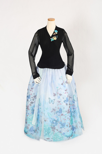 朝鲜族舞蹈练习腰裙练功服仿真丝黑色上衣花王面料3层6开裙U23045