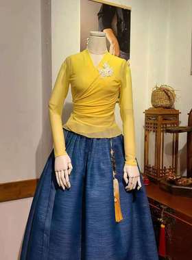 朝鲜族民族练习舞蹈裙子网纱上衣和紫薇纱裙子胸花挂件 H-S011251