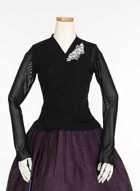 朝鲜族舞蹈练习腰裙练功服黑色网纱上衣双美娟裙子U24375