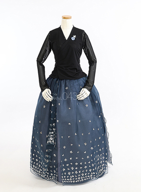 朝鲜族舞蹈练习腰裙练功服黑色网纱上衣银蝴蝶3层6开裙U24046