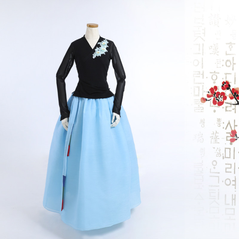 朝鲜族舞蹈练习腰裙练功服黑色网纱上衣紫微纱号裙子U24266