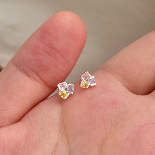 彩色多巴胺方糖耳钉女S925银耳饰