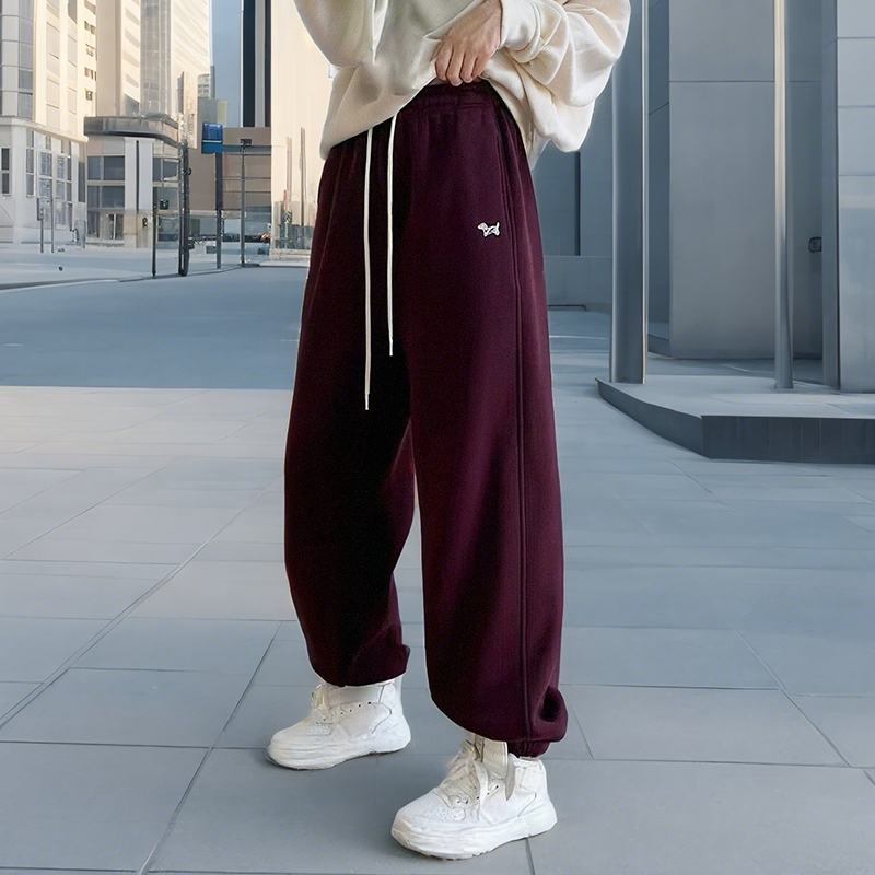 美式加绒阔腿卫裤女2024秋冬款小狗刺绣松紧腰宽松显瘦运动休闲裤