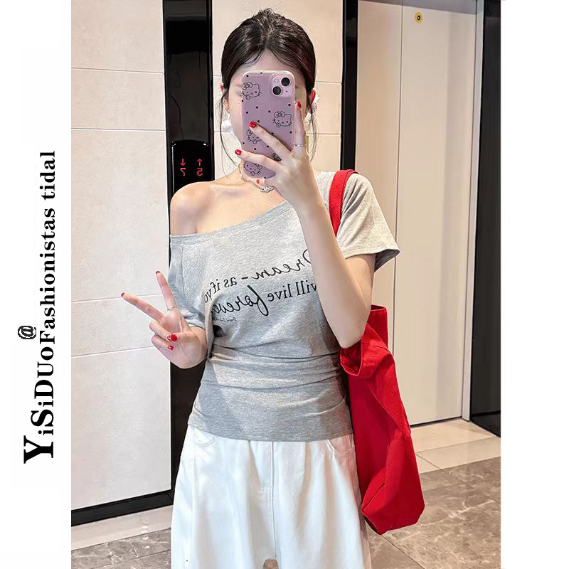 后背绑带短袖T恤女夏季时尚字母印花宽松斜肩一字肩显瘦百搭上衣