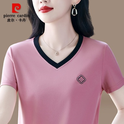 皮尔卡丹v领短袖t恤女士夏季2025新款时尚高级感冰丝体恤宽松上衣