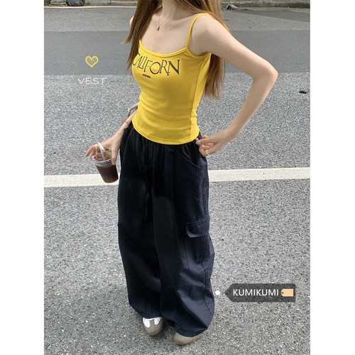 美式辣妹纯棉内搭黄色吊带小背心女夏季修身显瘦外穿抹胸上衣