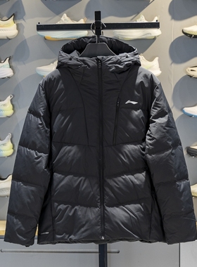 李宁男子短羽绒服2025冬季新品80%鸭绒保暖防泼水连帽外套AYMV467