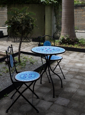 欧式马赛克蓝色户外庭院花园休闲桌椅三件套Mosaic bistro table