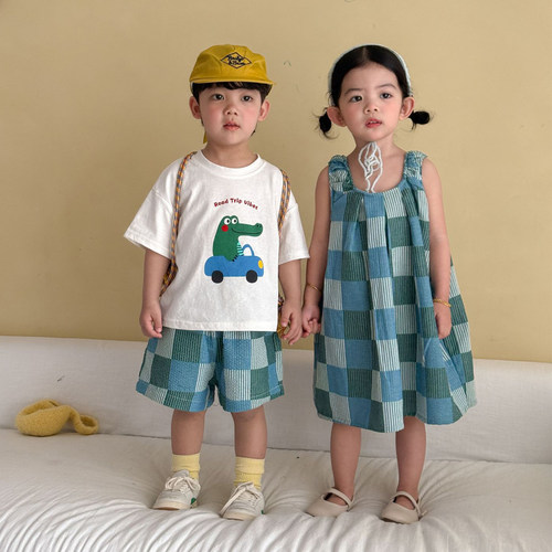 儿童套装夏季纯棉格子兄妹装度假