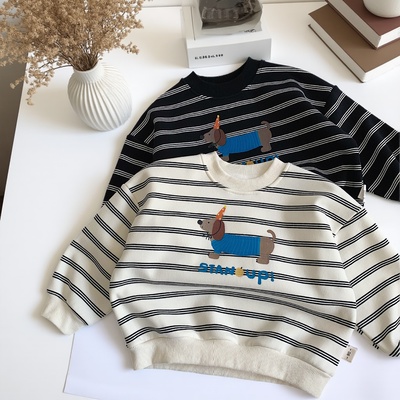 秋冬儿童加绒卫衣薄绒一体绒条纹