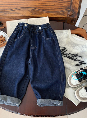 男童牛仔裤春秋款2025新款直筒宽松水洗棉软深蓝色中小童儿童裤子