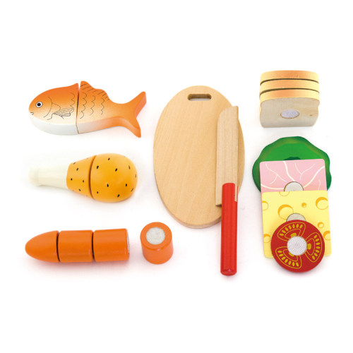 VIGA晚餐套装幼儿早教园儿童过娃娃家厨房烹饪食物水果面包鱼玩具