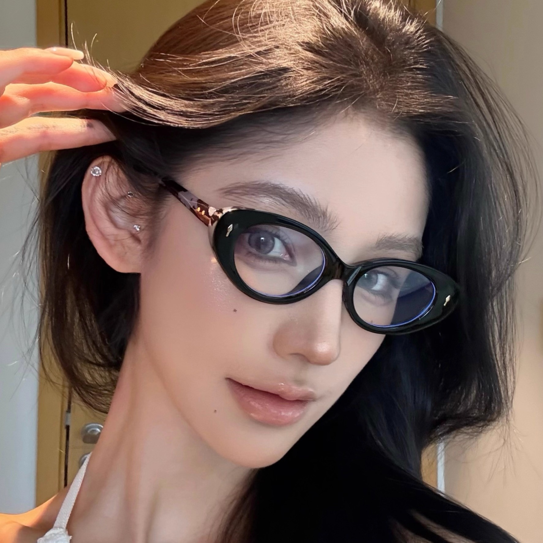 复古美式椭圆形豹纹猫眼黑框素颜眼镜防蓝光可配度数近视平光镜女