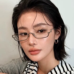 复古韩版下半框金属银色方形眼镜高智感防蓝光度数近视平光镜女款